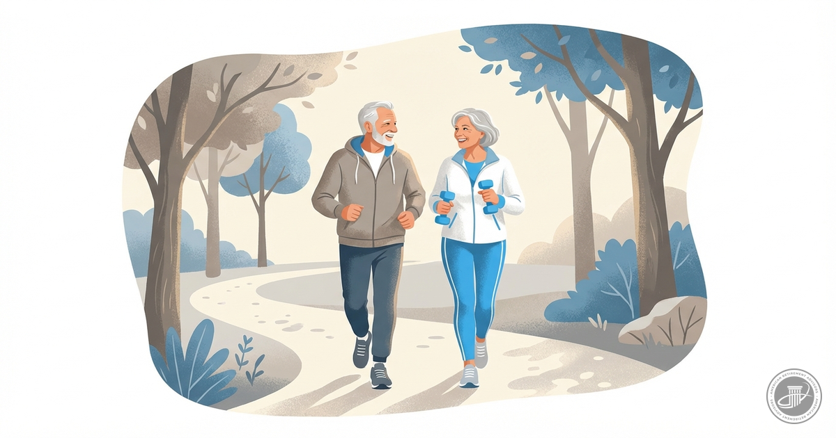A warm editorial illustration of an active senior couple walking on a tree-lined path, with the woman holding light weights, 