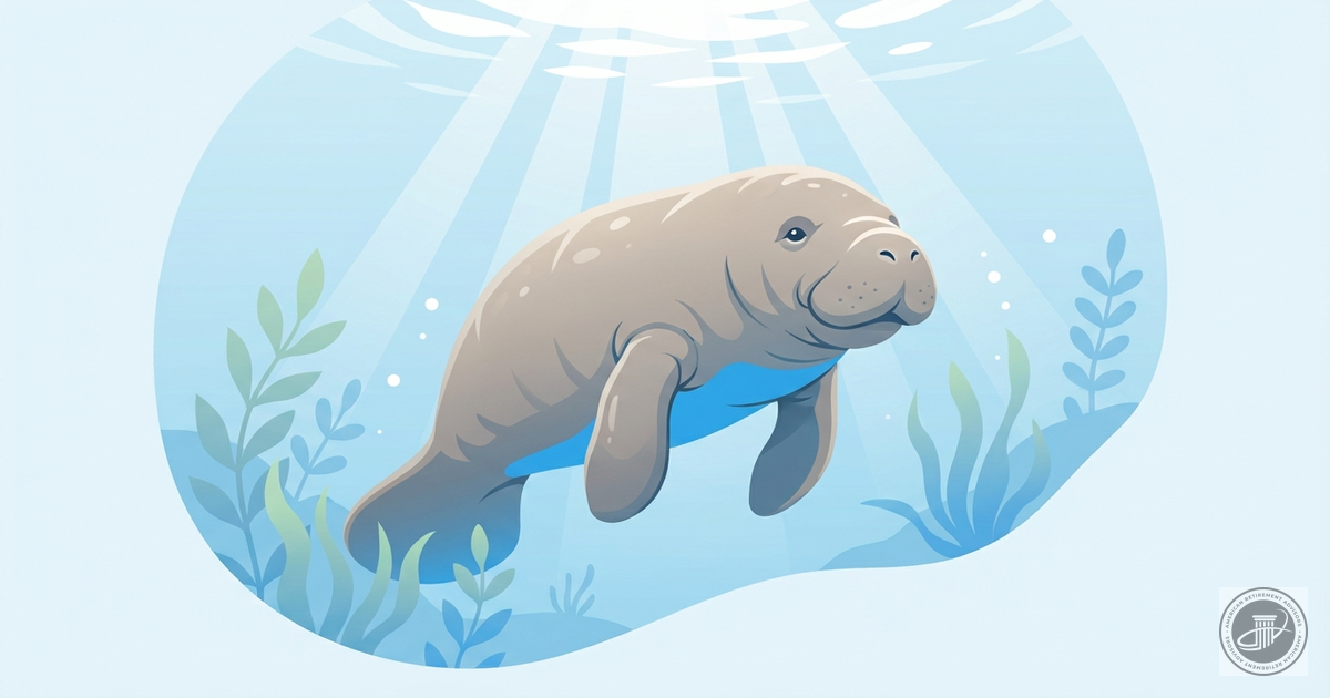 Stylized illustration of a gentle manatee swimming in sunlit Florida waters.