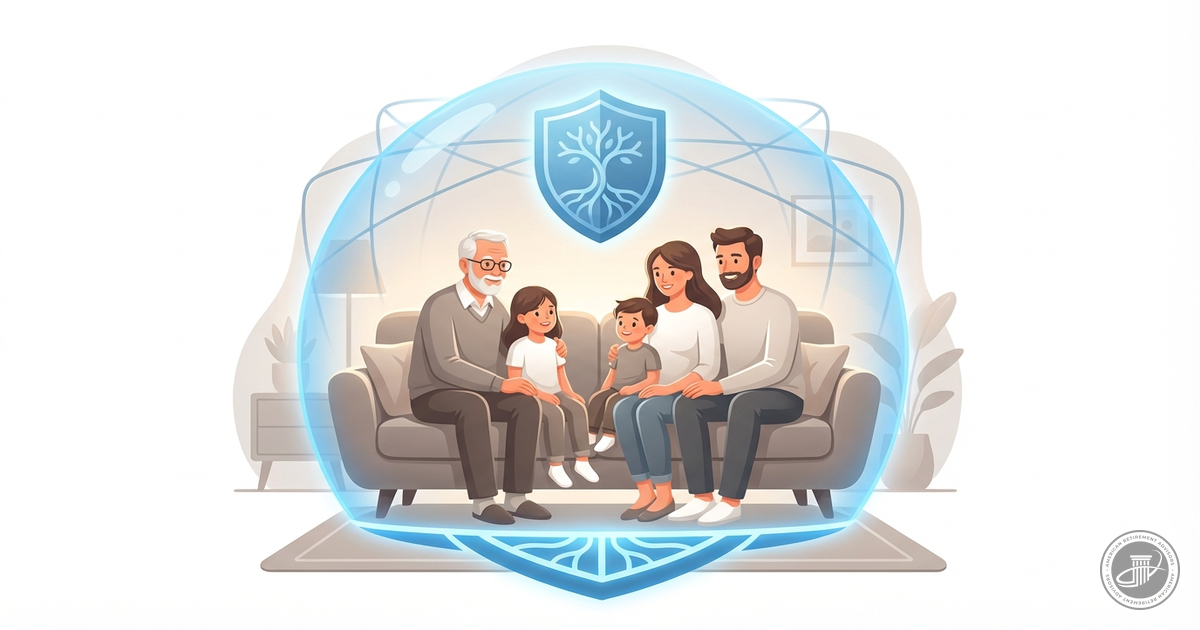Stylized illustration of three generations of a family protected by a glowing blue shield, representing financial security an