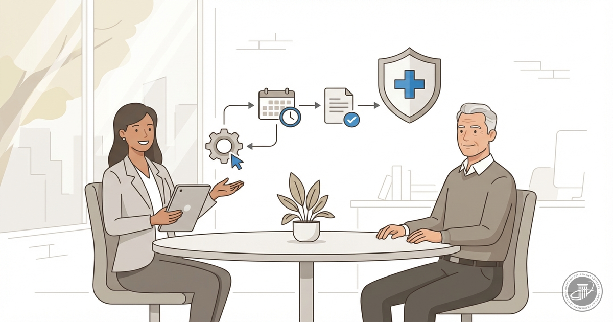Infographic illustration of a confident HR representative and a smiling older employee in a modern office, with a flow chart 