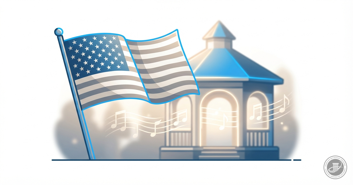 A clean illustration of a waving American flag and a blurred gazebo under warm light.