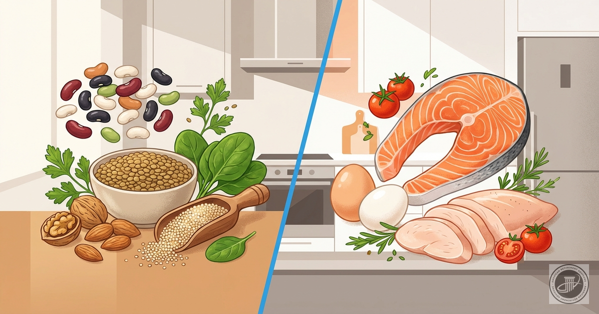 Split infographic illustration showing plant proteins on one side and animal proteins on the other.