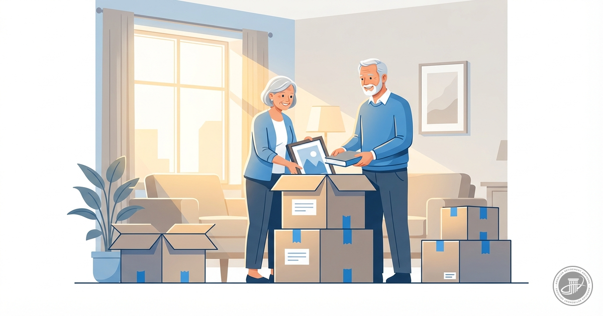 Illustration of a mature couple happily packing boxes in a sunlit, partially packed living room, symbolizing a positive trans