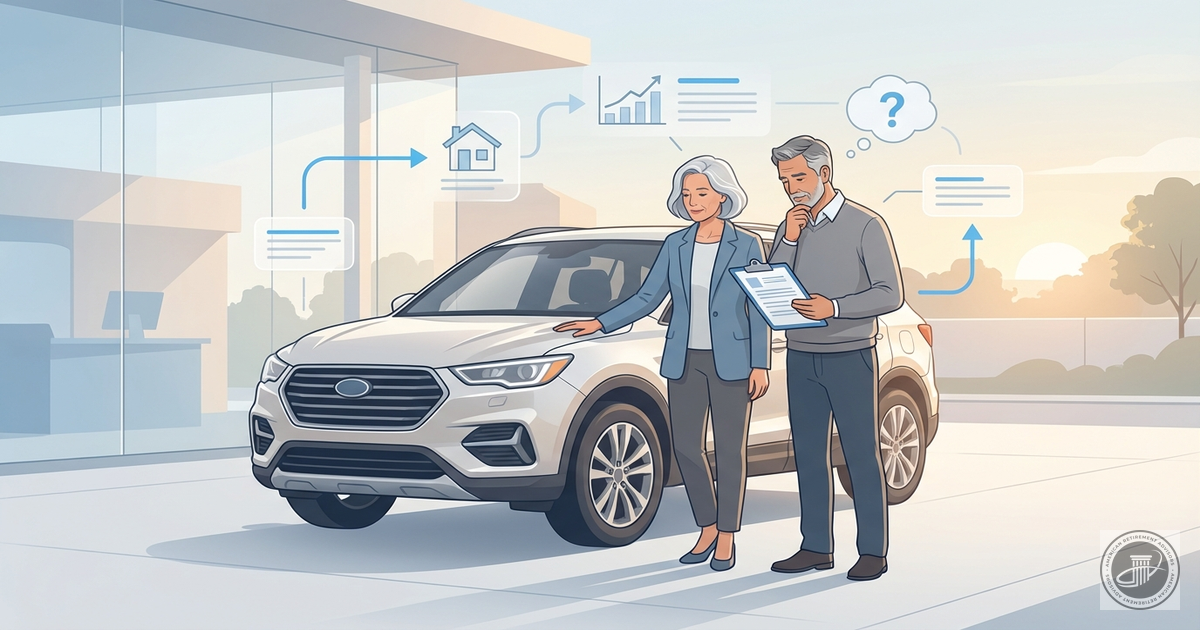 Professional illustration of a thoughtful mature couple at a car dealership, examining a new vehicle with paperwork in hand.