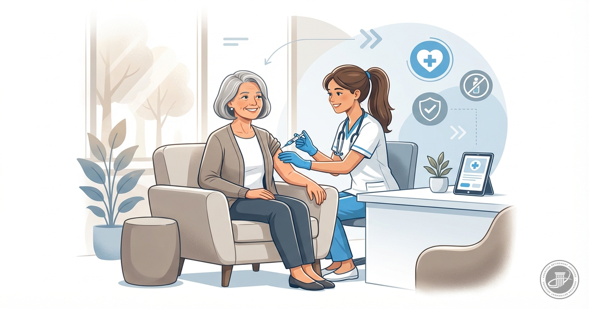 Illustration of a mature woman and healthcare provider in a modern office during a vaccination.
