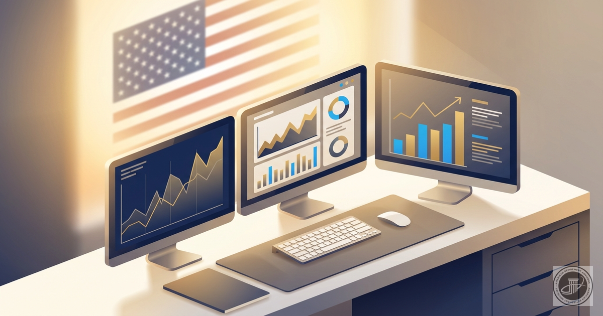 Isometric illustration of financial monitors with a subtle American flag, suggesting market analysis during elections.