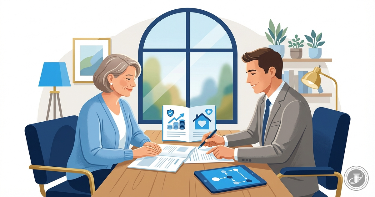 Illustrated mature woman and advisor in an office reviewing documents with annuity and long-term care icons, conveyed through