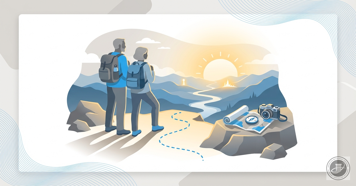 Illustrated infographic shows an active mature couple at a scenic overlook, looking at a landscape with a map and camera, sym