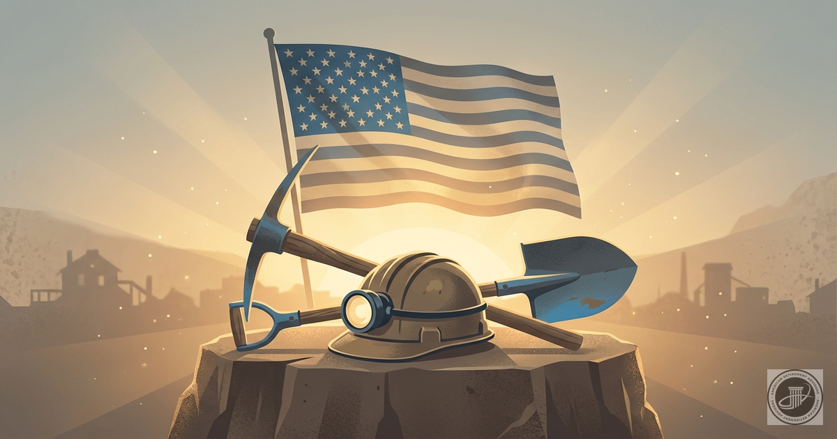A clean infographic illustration of vintage mining tools and an American flag under warm, nostalgic light.