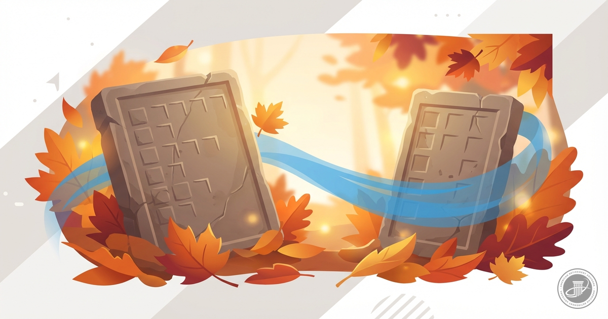 Infographic illustration shows ancient Roman calendar stones and autumn leaves under soft golden light, with a blue accent li