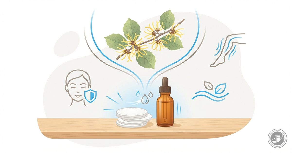 Stylized witch hazel branches with yellow flowers, cotton pads, and an amber bottle in a clean, spa-like illustration.