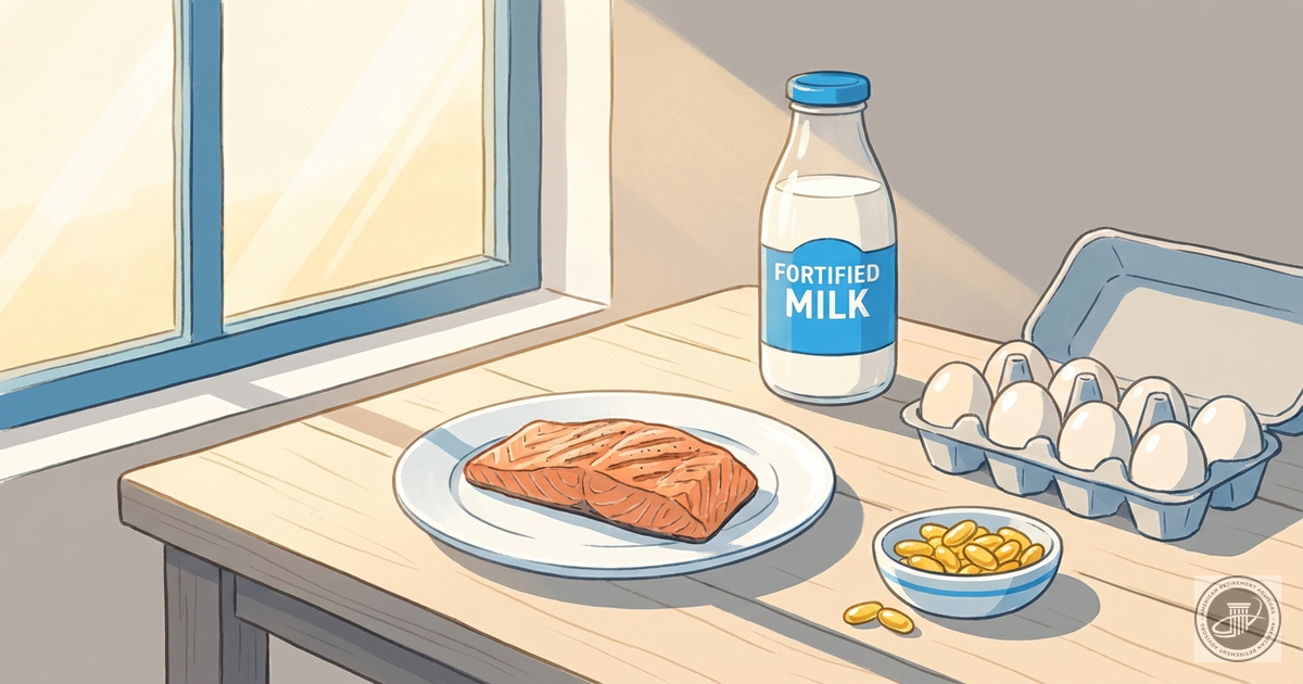 Illustration of Vitamin D-rich foods and supplements on a sunlit wooden table.