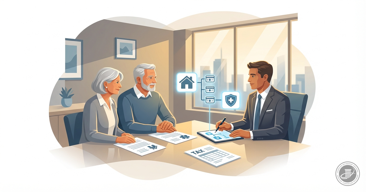 An illustration of a mature couple with a financial advisor in a modern office, reviewing tax documents.