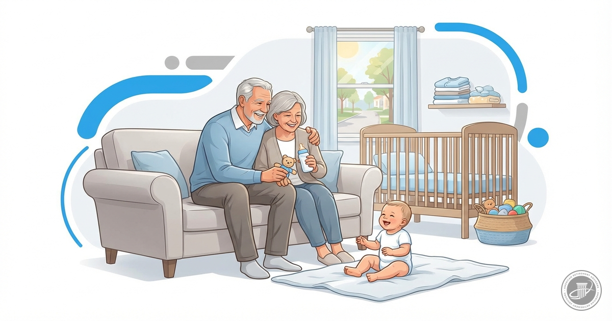 Infographic illustration of happy grandparents with a baby in a cozy home, symbolizing Medicare portability.