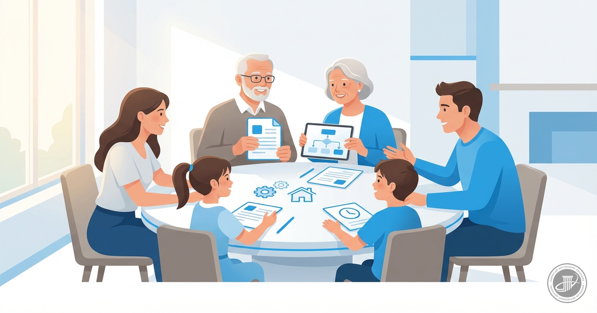 Multigenerational family at a table, grandparents share planning documents with adults and kids in a warm, illustrated infogr