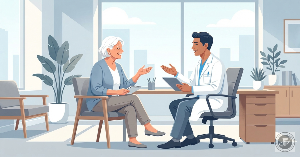A warm illustration of a smiling mature adult and a friendly doctor chatting in a bright, modern medical office, conveying tr