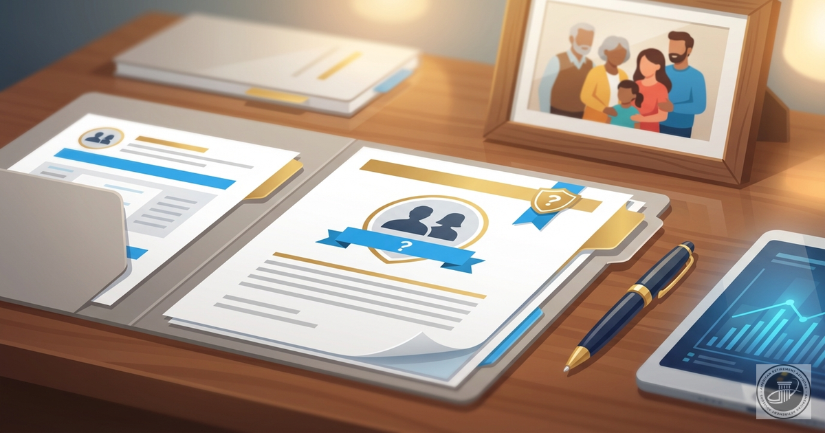 Illustration of stylized financial documents with blue and gold accents, a pen, and a framed family photo in the background, 