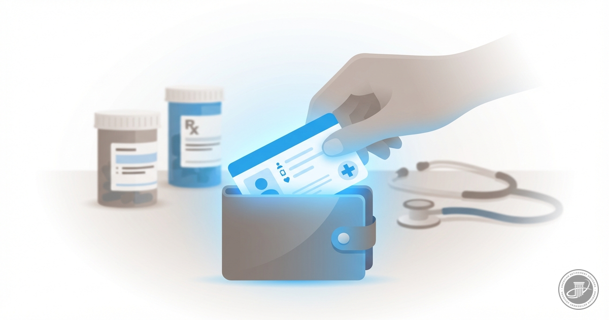 Clean illustration of a hand placing a medical card into a wallet, with blurred prescription bottles and a stethoscope in the