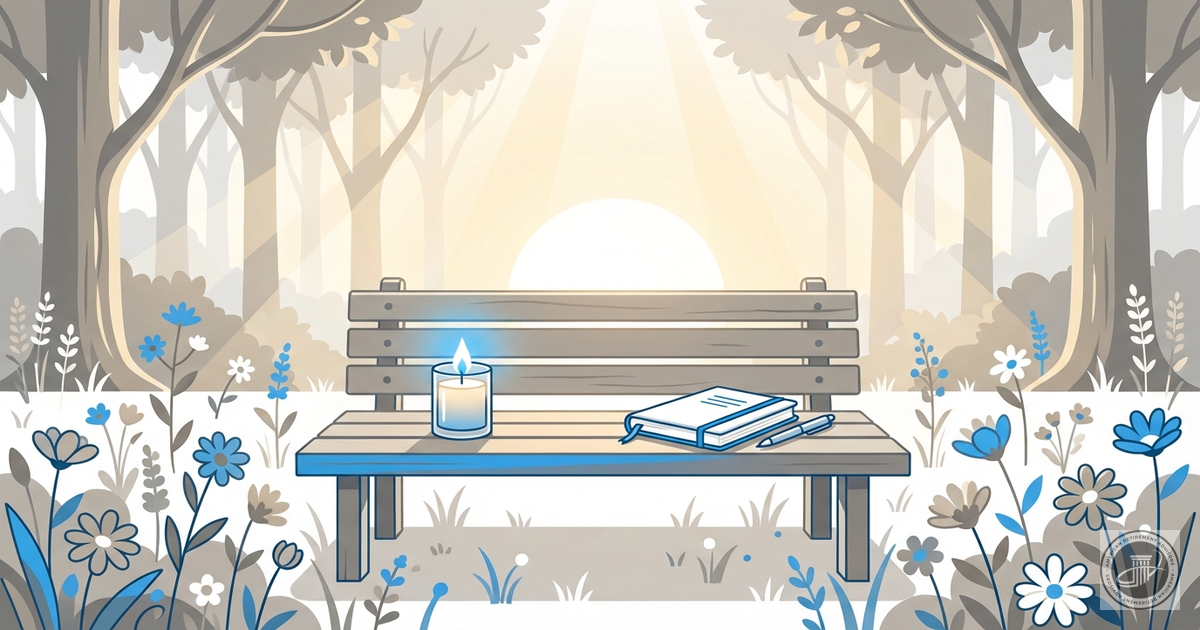 A peaceful infographic illustration of a sunrise over a garden with a wooden bench, a lit candle, and a journal, symbolizing 