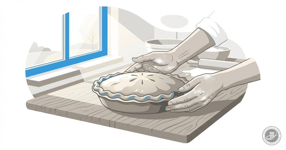 A clean illustration of a pie cooling on a counter with hands and window light, for a retirement blog.