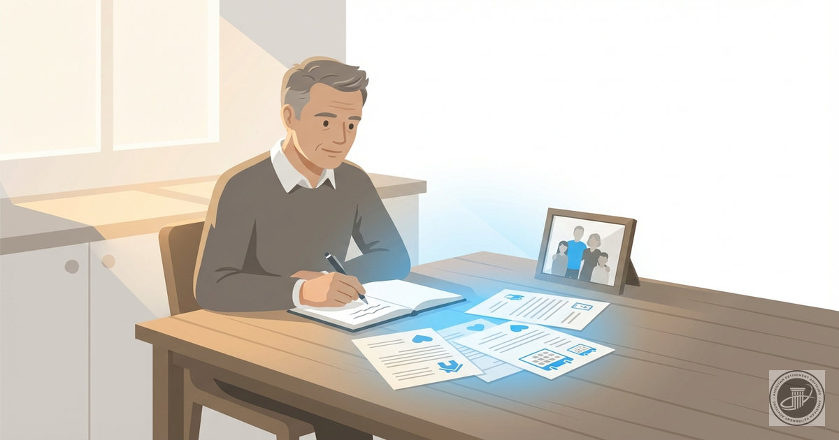 A thoughtful adult child sits at a kitchen table with documents, a notebook, and a family photo, planning for care.