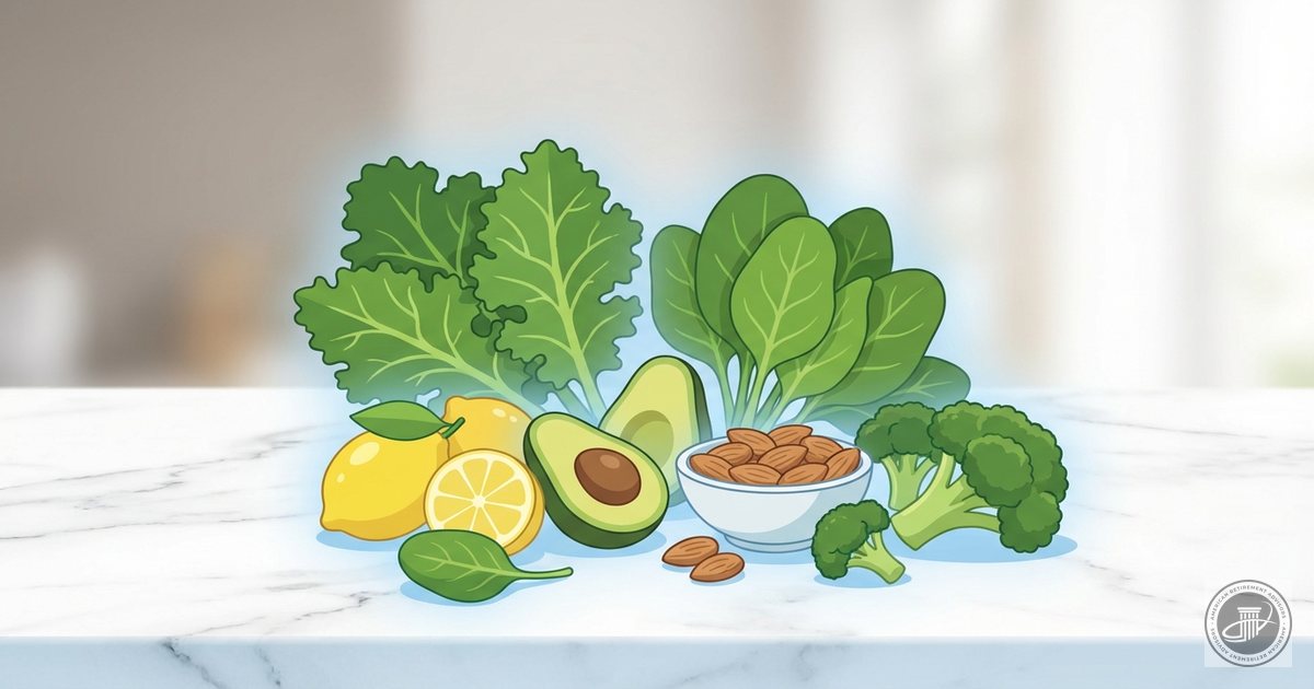 Stylized infographic illustration of fresh alkaline foods like kale, lemons, and avocados on a marble counter.