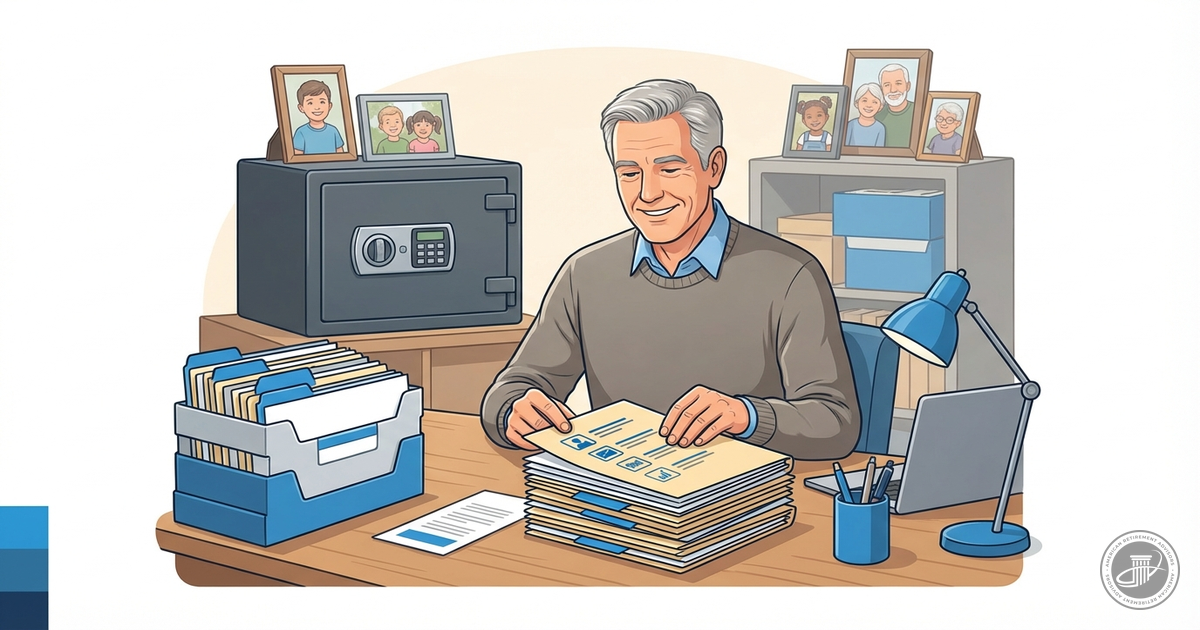 Illustration of a mature man in a warm, organized home office with a fireproof safe and folders.