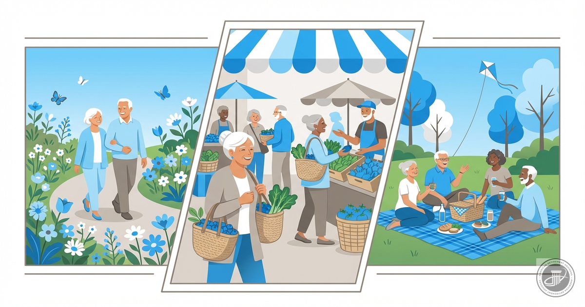 An illustration of active seniors gardening, shopping at a market, and picnicking.