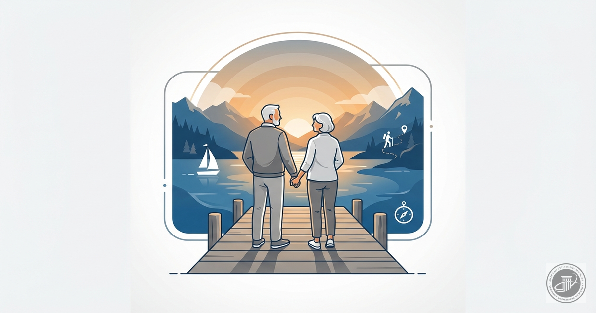An illustrated infographic of an active senior couple on a dock at sunset, looking at mountains over a lake.