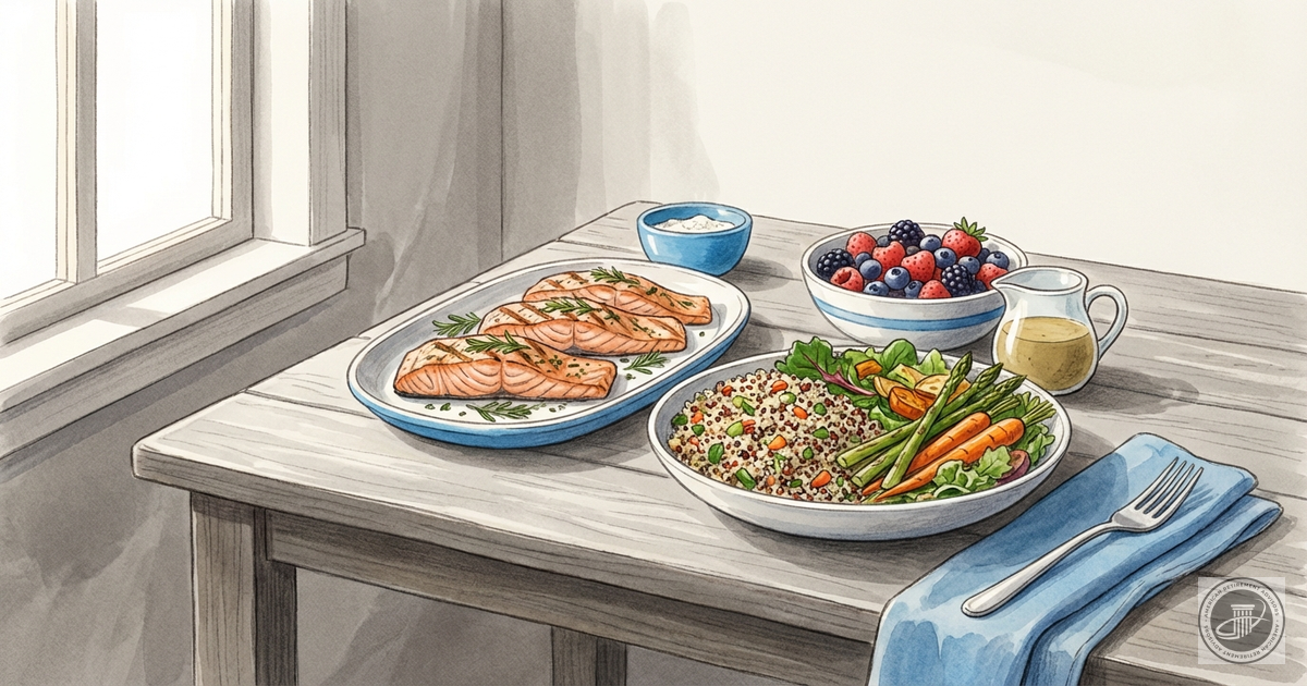 An editorial illustration of a wholesome meal with salmon, vegetables, quinoa, and berries on a rustic wooden table, with sof