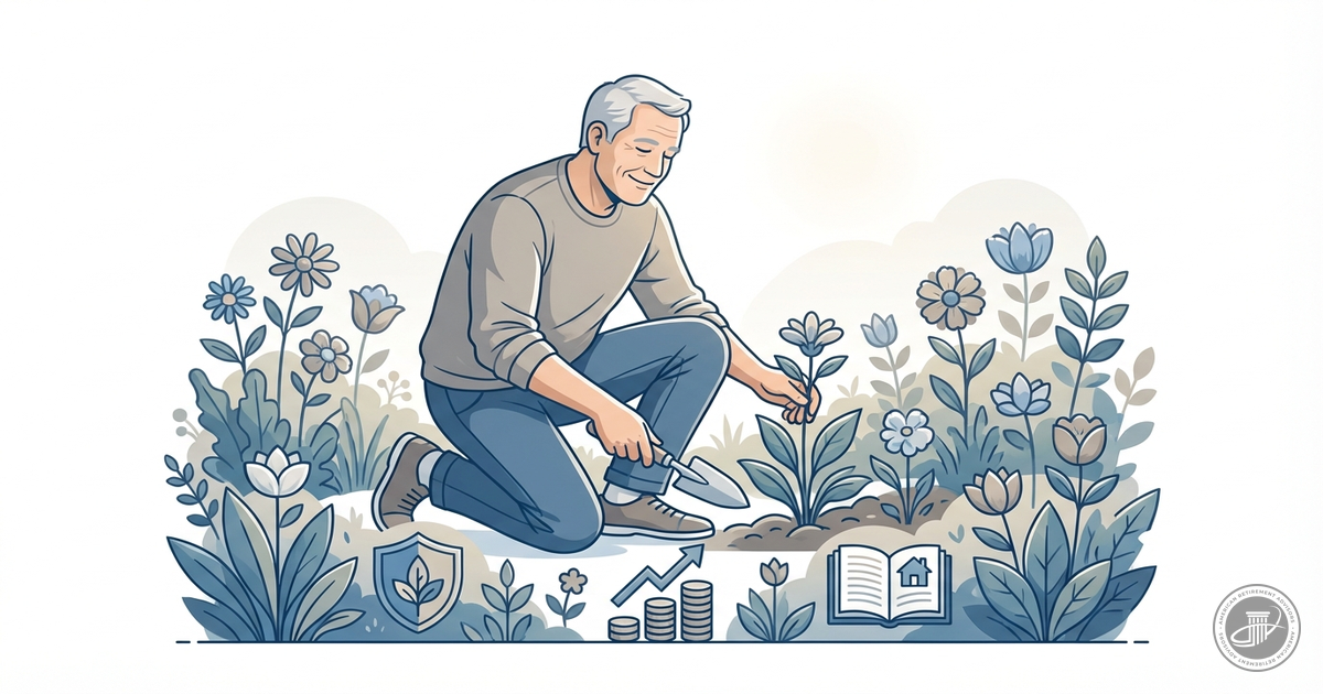 Infographic illustration of a mature man contentedly gardening in soft light, symbolizing financial peace in retirement.