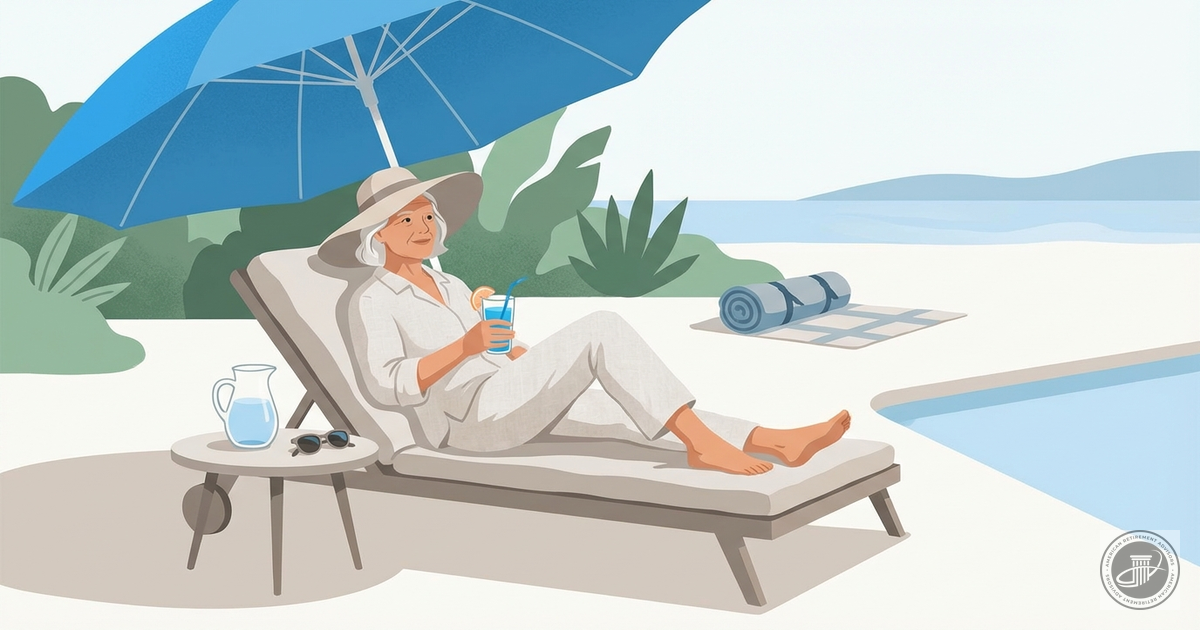 Illustration of a person wearing a hat, relaxing in the shade with a cool drink next to a pool, for a blog about summer heat 