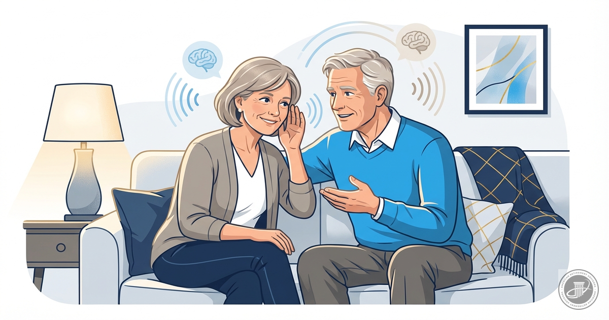 A mature couple in a comfortable home, with a woman leaning in to hear her partner during a gentle conversation.