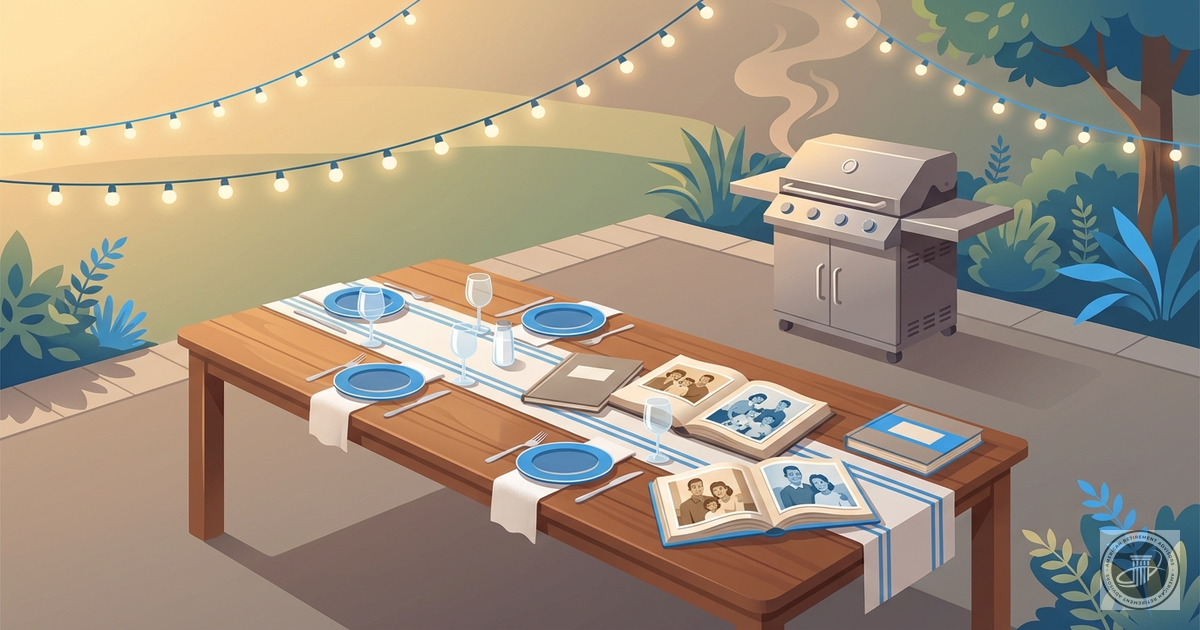 Illustration of a backyard golden hour scene with a long wooden table, string lights, barbecue grill, and photo albums.