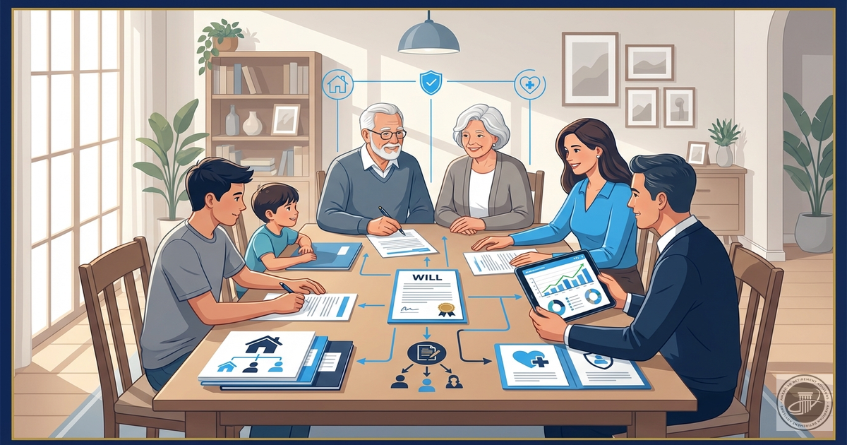 Professional infographic illustration of a multi-generational family around a table with estate planning documents, in a blue