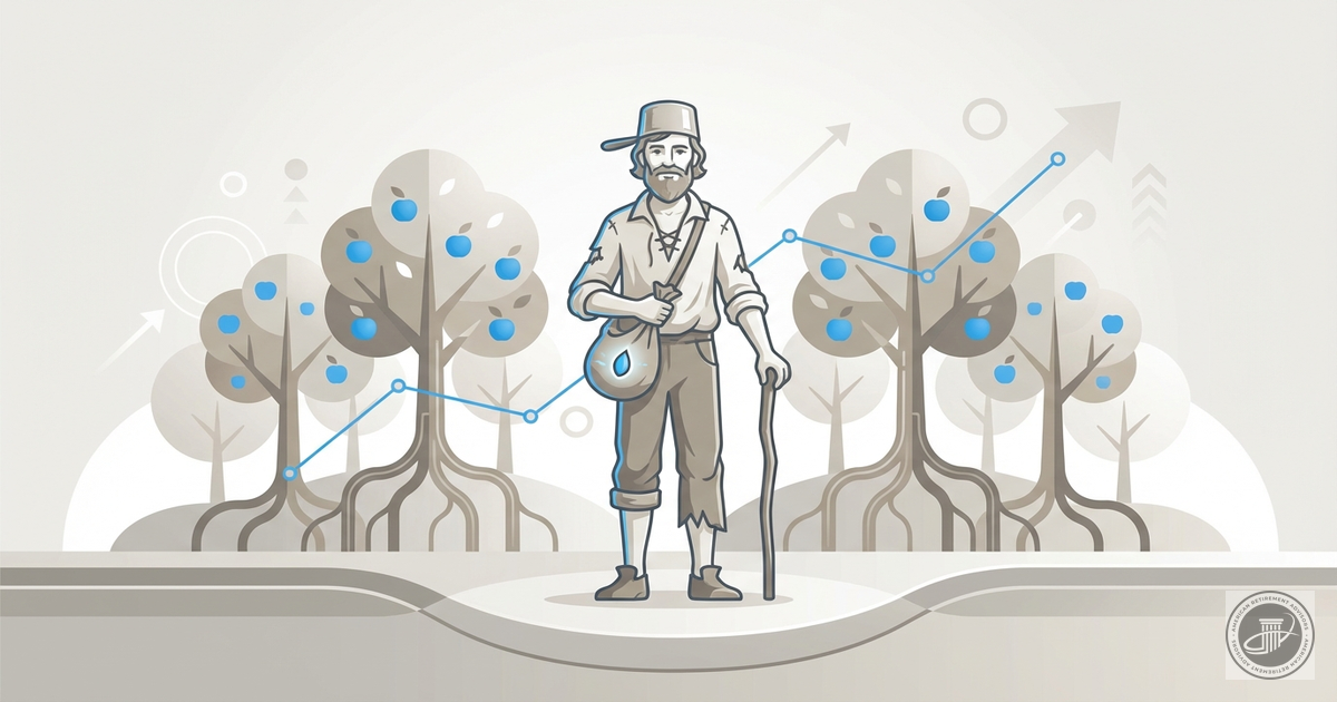 Illustrated infographic portrait of Johnny Appleseed as a pioneer entrepreneur in orchards, with a blue, gray, and white pale