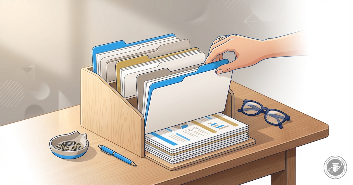 A hand gently organizes labeled folders and documents in a wooden desktop filing system with blue and gold accents.