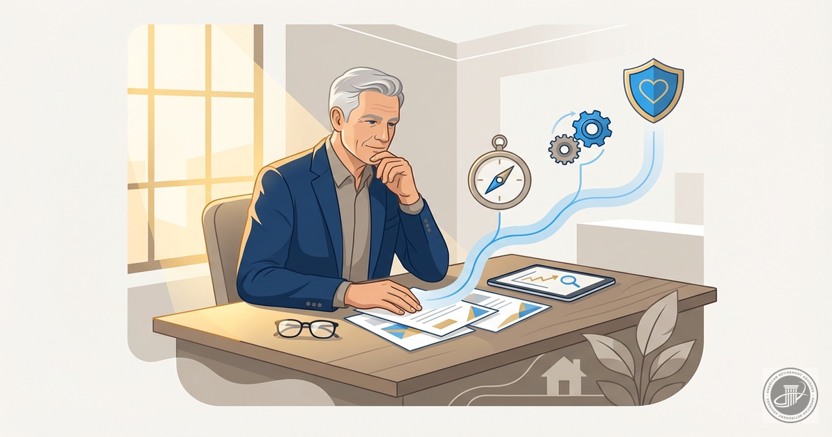 An illustrated mature man sits at a desk, thoughtfully reviewing stylized documents, surrounded by icons of navigation and in