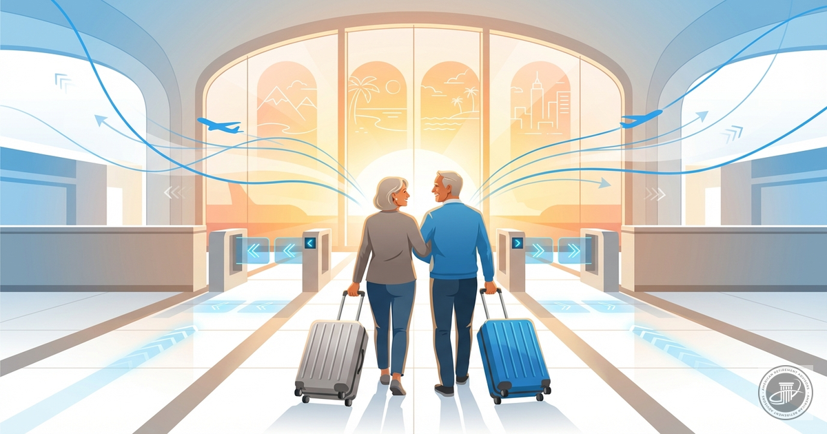 An illustration of an active mature couple with luggage walking through a bright airport terminal towards departure gates dur