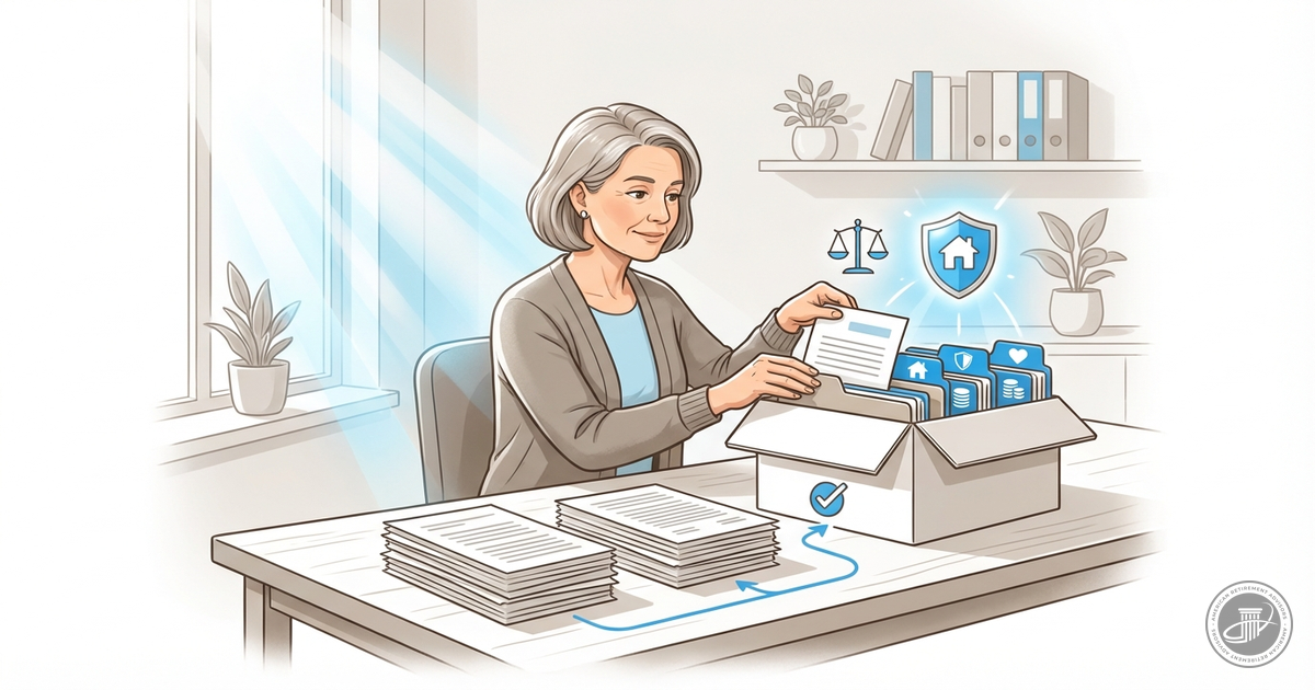 A mature woman in a stylized illustration sorts documents into labeled folders at a clean desk, symbolizing organized estate 