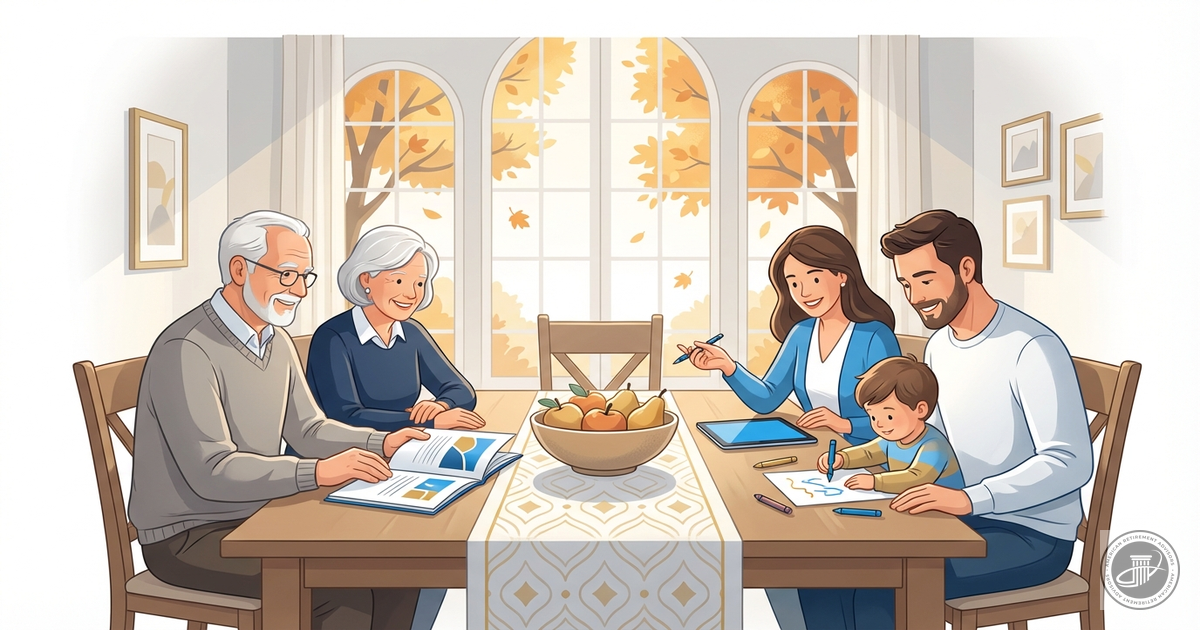 A warm, professional infographic illustration of a multi-generational family around a dining table during autumn, with golden