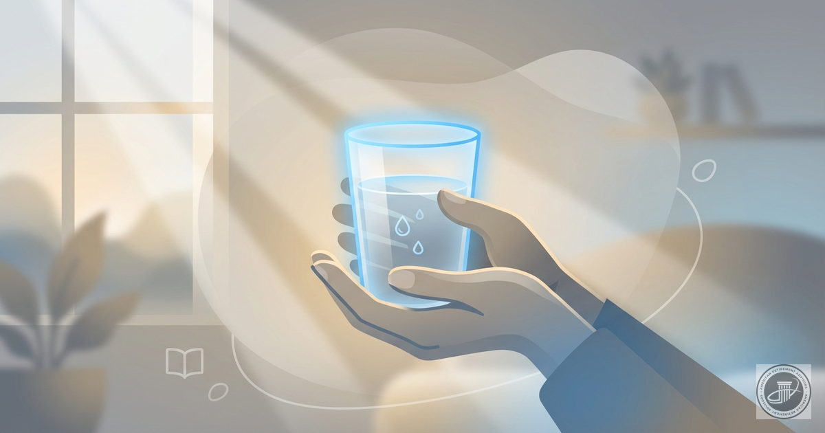 Illustration of stylized hands holding a glass of water with soft blue accents and warm gray tones, symbolizing gratitude.
