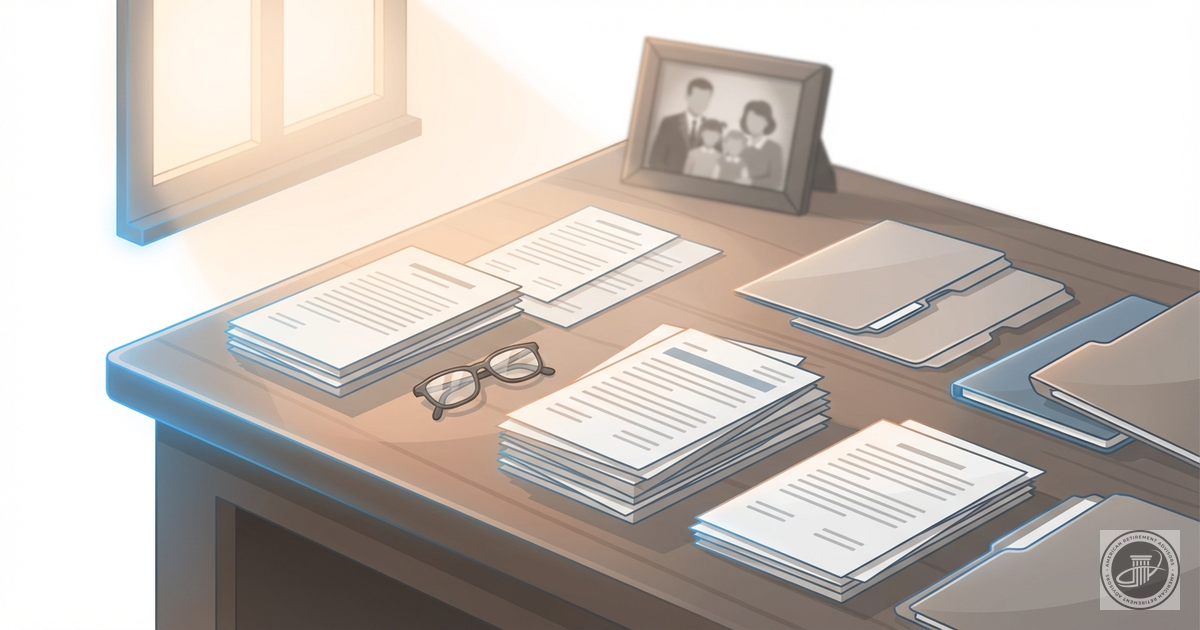 A softly lit illustration of retirement and estate planning documents, reading glasses, and a vintage photo on a wooden table