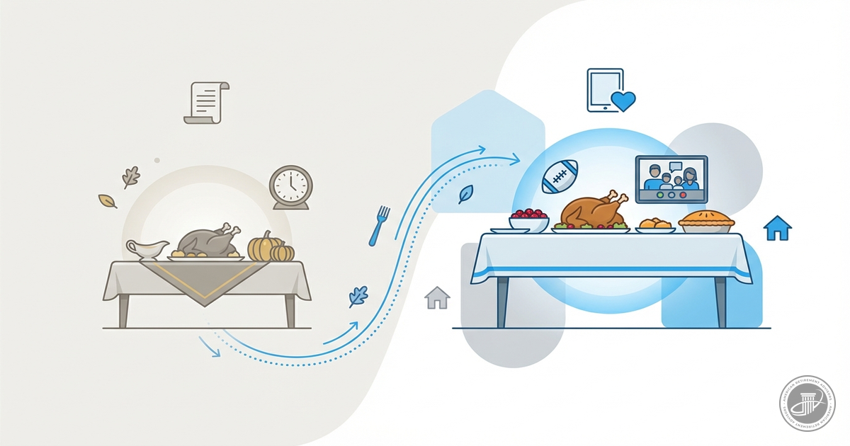 Illustrated infographic showing the evolution of Thanksgiving traditions from a traditional table to a modern, connected cele