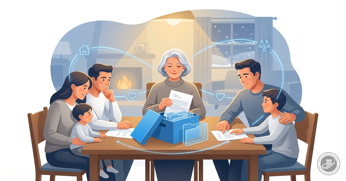 A mature woman with silver hair shares estate planning documents from a blue file box with her multigenerational family at a 