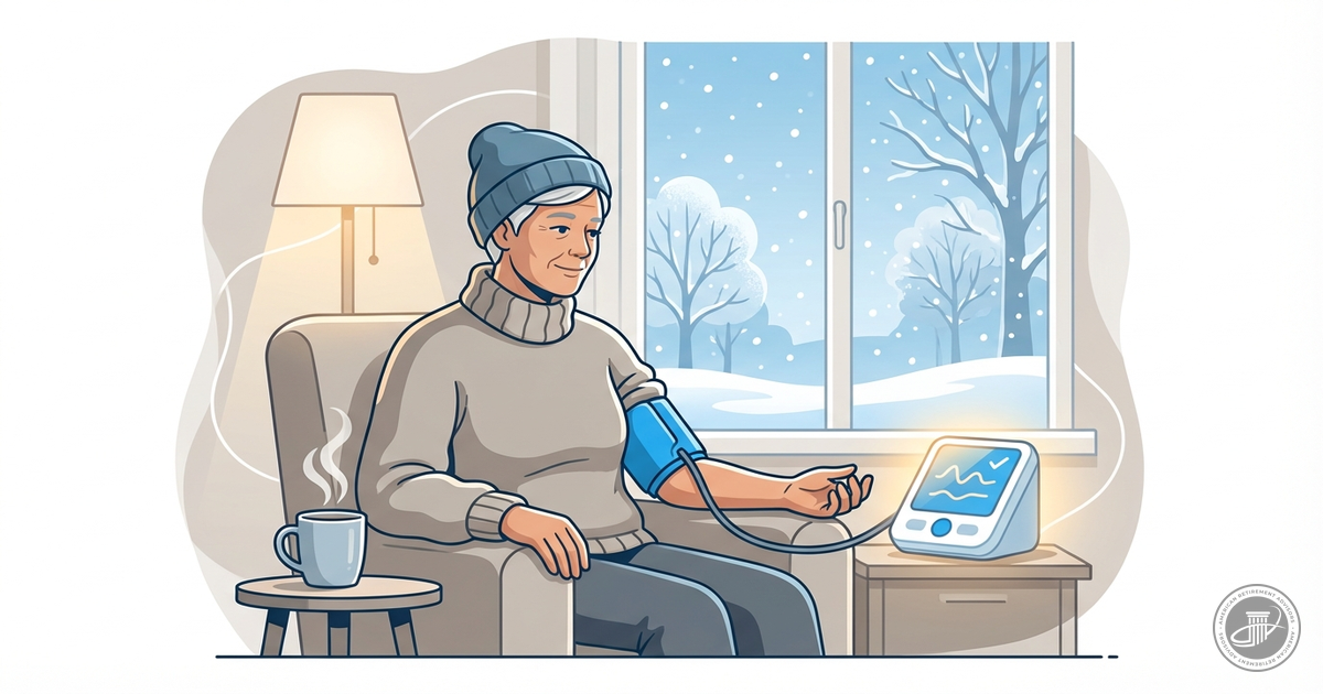 Mature adult, in a warm indoor setting with a snowy window view, calmly checks blood pressure using a home monitor.