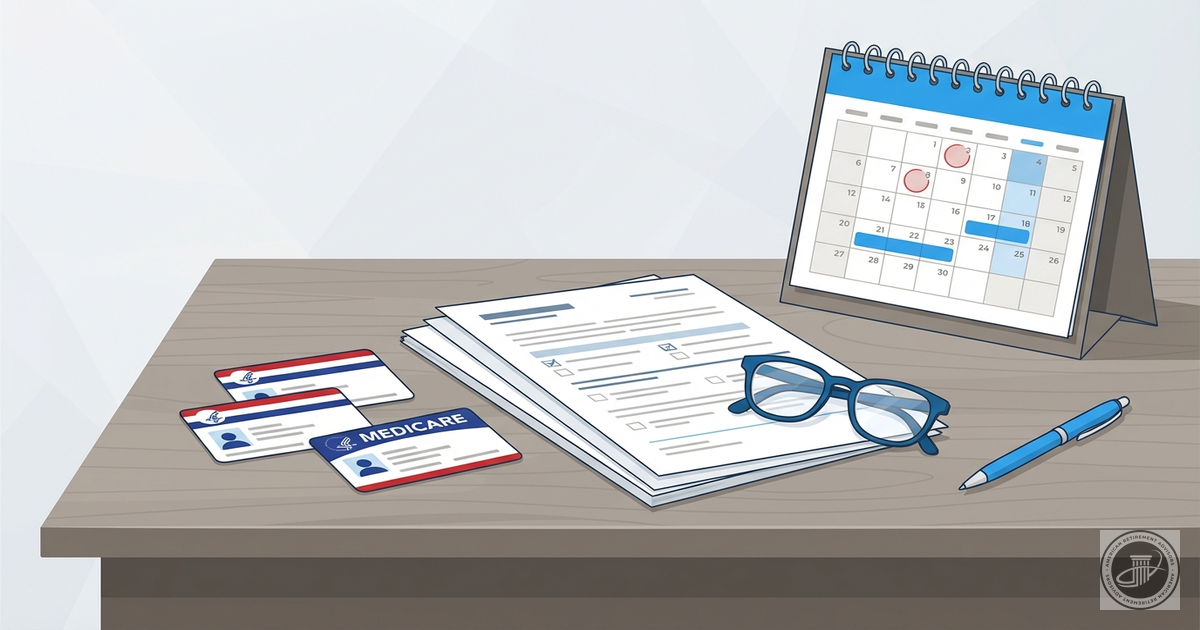 Illustrated Medicare cards, paperwork, glasses, and calendar on a desk.