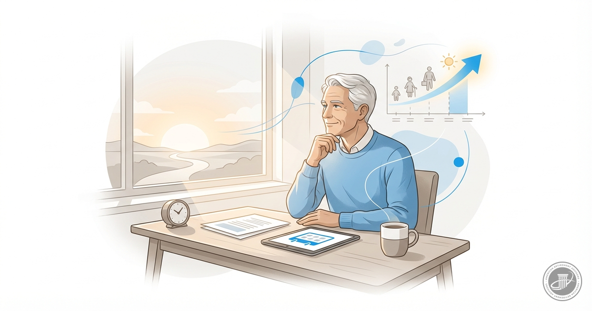 An illustration shows a mature professional thoughtfully at a desk by a window, surrounded by planning documents, suggesting 