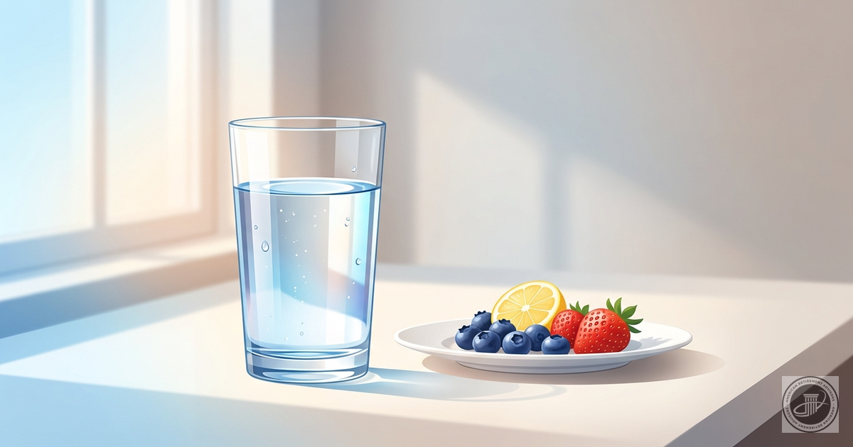 A clean illustration of a clear glass of water and fresh fruit on a sunlit kitchen counter, representing hydration and health