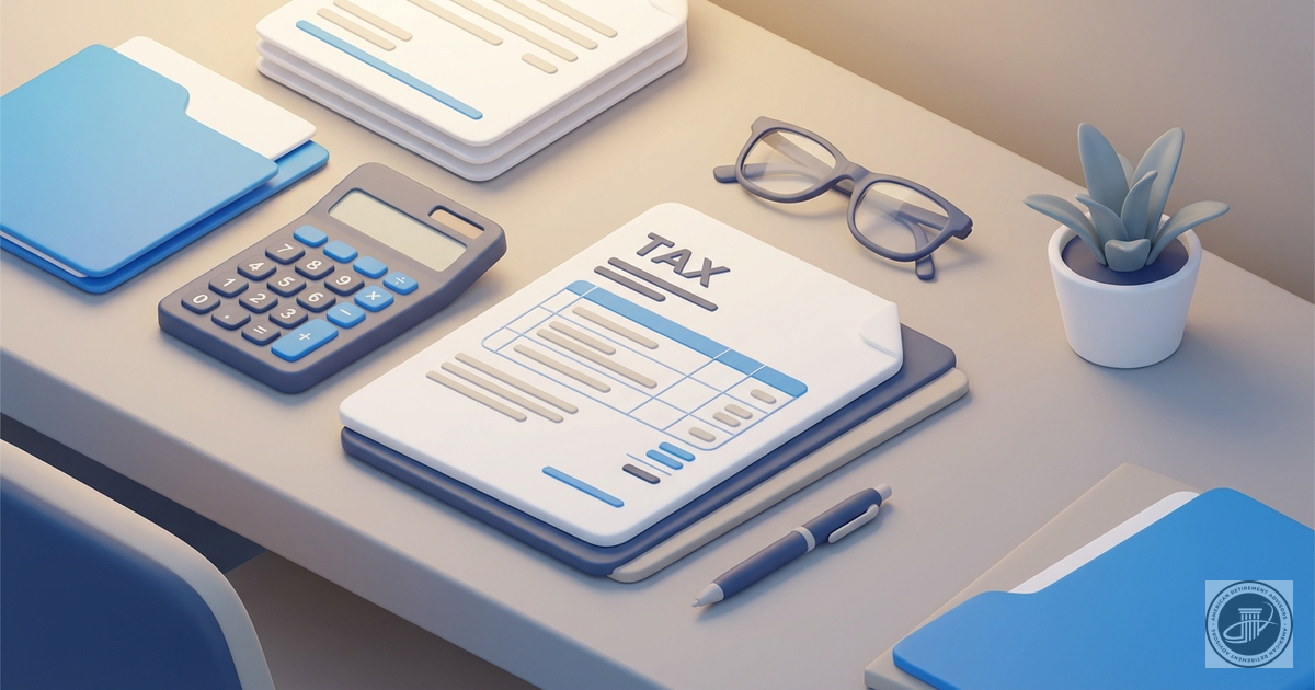 Isometric 3D illustration of stylized tax documents, calculator, reading glasses, and a pen neatly arranged on a desk with wa